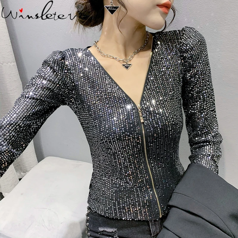 MadBlack Fall Winter European Clothes Bright Coat Chic Sexy V-Neck Zipper Cardigan Shiny Beading Women Long Sleeve Tops T19801A