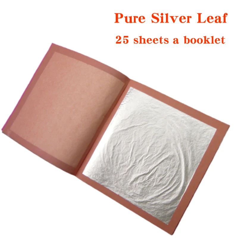 25 Sheets Per Booklet 95X95mm Pure Real Genuine Silver Leaf Foil 99.99% Silver For Gilding Funiture