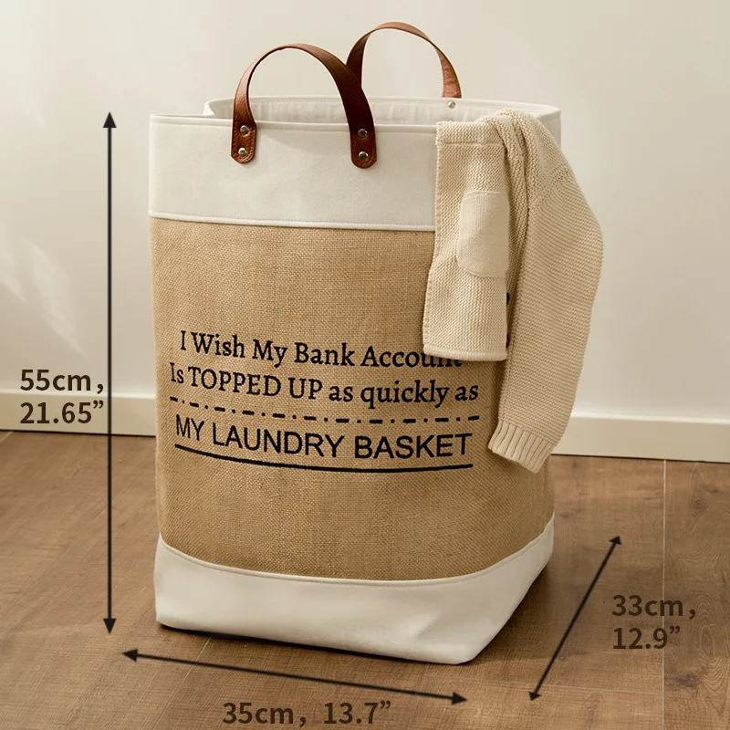 Foldable Laundry Basket with PU Handle Dirty Clothes Basket Cotton Linen Storage Bag Jute Stitching Home Laundry Organizer Hamp