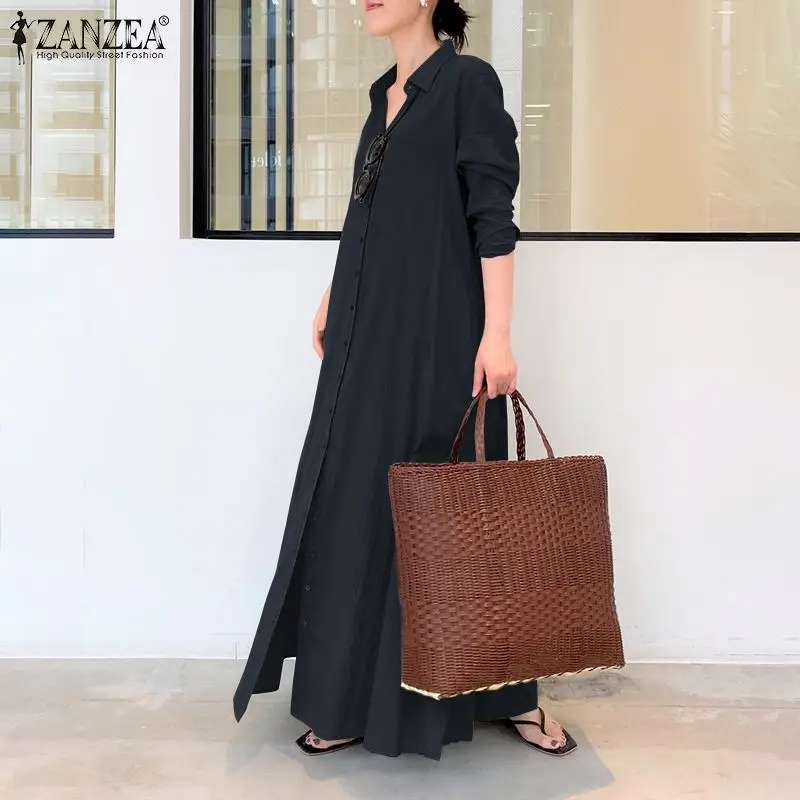 2023 ZANZEA Women Shirt Dress Autumn Lapel Neck Long Sleeve Maxi Sundress Elegant Office Work Solid Long Vestidos  