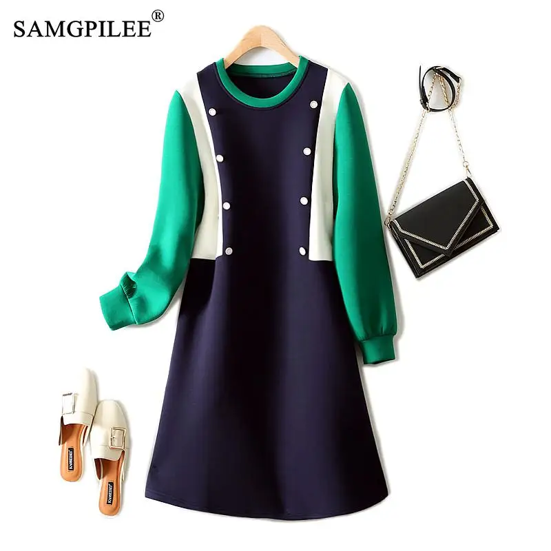 

SAMGPILEE Autumn Winter 2023 New Women Air Cotton Patchwork Knee Length Korean Fashion Stretch Double-breasted Dresses Woman 4XL