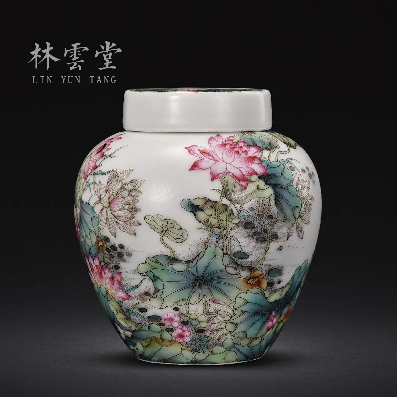 Lin Yuntang's hand-painted lotus leaf powder color tea sealed pot