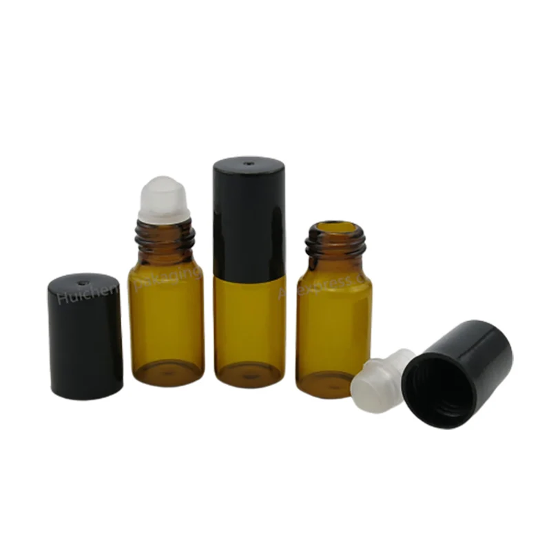 

50 x 3ml Empty Small Amber glass roll on bottle 3cc Mini glass roll-on Perfume Container with Plastic Lids Glass Ball