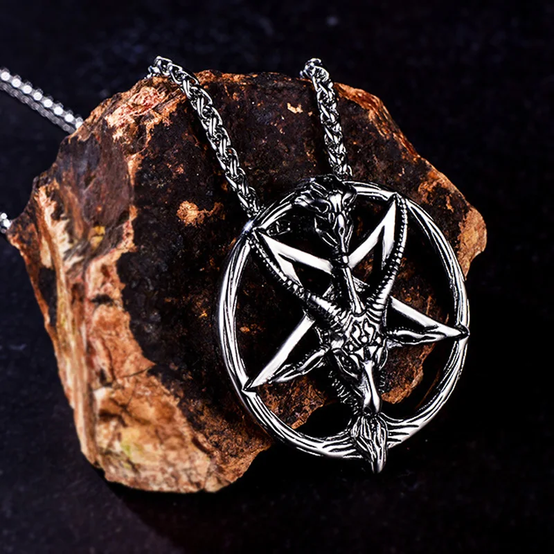 Baphomet Satan Necklace Satanic Jewelry Stainless Steel Lucifer Goat Pendant Antique Vintage Round Silver Color For Men Women