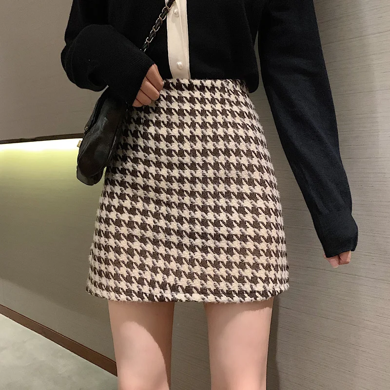 Fashion Women\'s skirt Woolen Plaid High Waist Slim Buttocks Short Mini Woman skirts Black Beige 1080