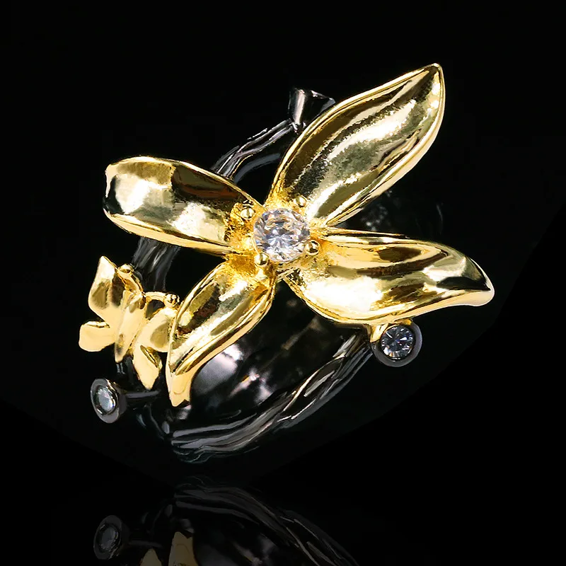 Elegant Exaggerated Big Flower Black Gold Wedding Band Rings for Women Noble 925 Sterling Silver Bohemia Cocktail Rings Jewelry