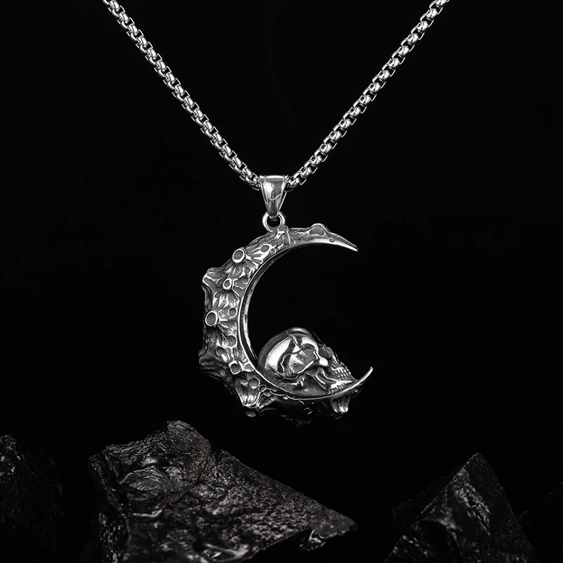 Boutique Handmade Fashion Personality Design Moon Skull Men and Women 316L Stainless Steel Pendant Necklace