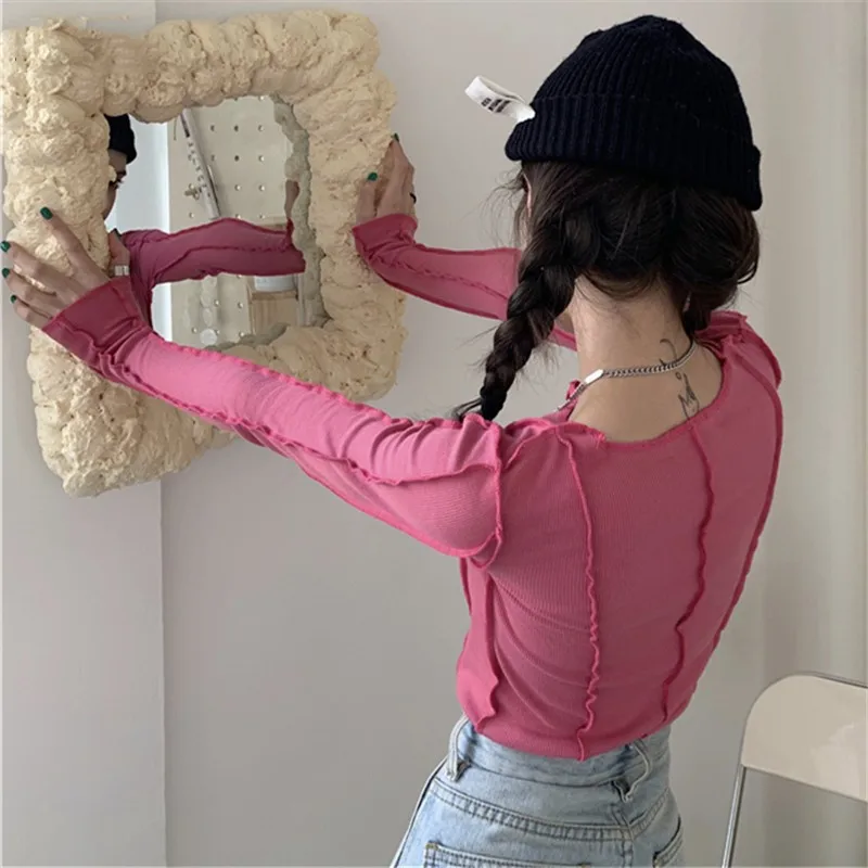 Karrcat Skintight Sexy Women Blouse Korea Shirt Bottoming Tops Soft Knitted Female Shirts Blue Rose Spring Blouses Blusa Chic