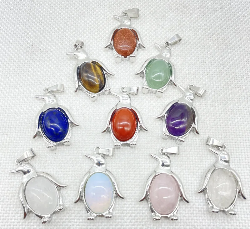 New Natural Gem Stone Quartz Crystal Amethyst cute Animal Penguin Archaize Silver Pendant For DIY Jewelry Making Necklace 10pcs