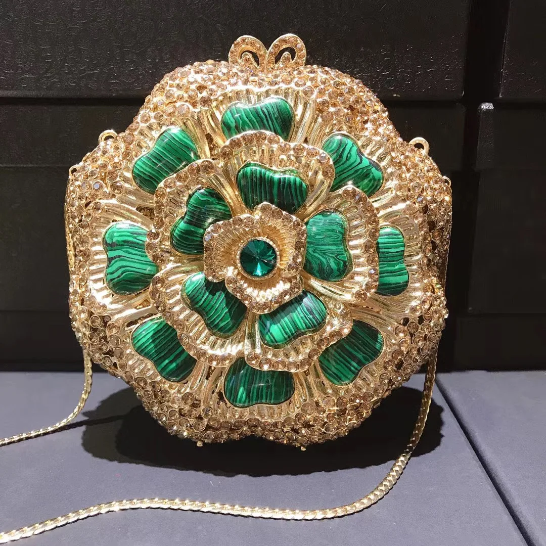 

Flower Crystal Green Evening Bags WHTUOHENG Floral 3D Gold Metal Bag Party Purse Mini Prom Circle Shape Women’s Wedding Clutches