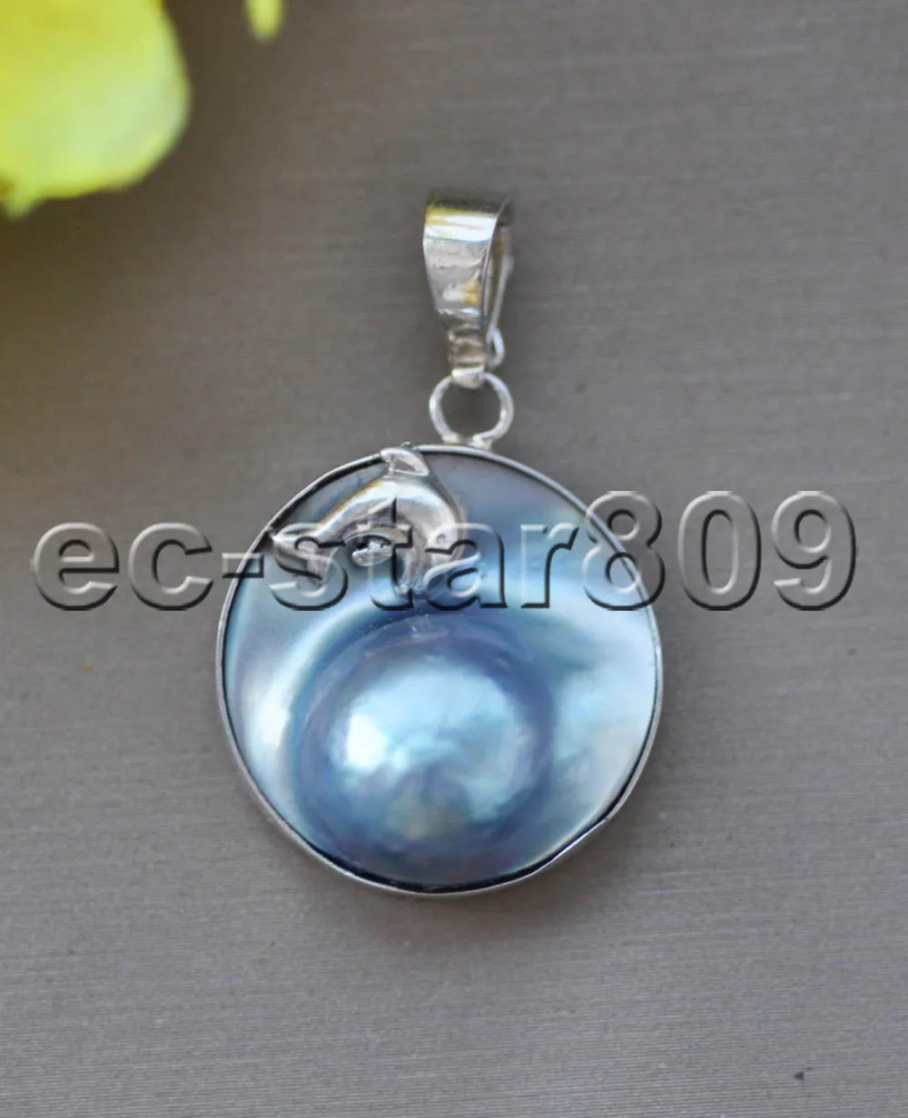 

Z11135 Real 21mm Gray South Sea Mabe Pearl Dolphin Pendant 925silver