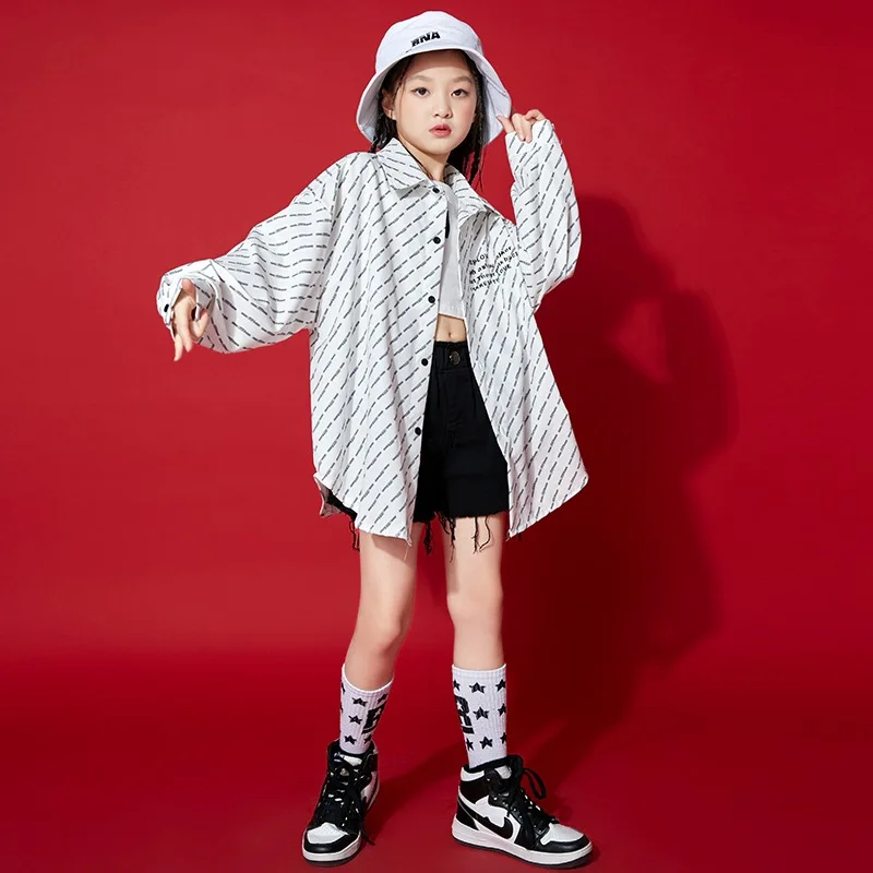 Kid Cool Kpop Hip Hop Clothing Print Oversize Shirt Crop Tank Top Black Washed Jeans Shorts for Girls Jazz Dance Costume Clothes