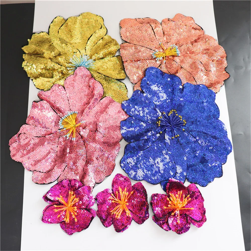 AHYONNIEX 1 Piece Large Sequins Flowers Patches Fashion Embroidered Applique for Clothing Sew On Patch for Clothes