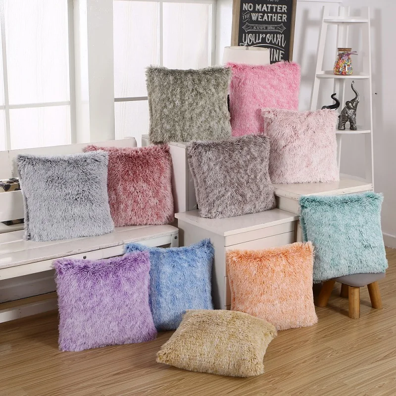 

Double colour Long Fur Plush cushion covers Sofa kussenhoes coussin decoration decorative pillowcase travesseiro funda cojines