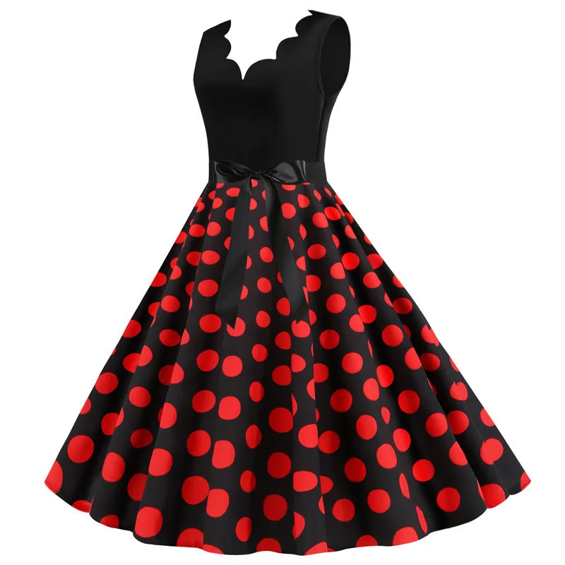 Polka Dot Print Women Summer Dress Black Patchwork Sleeveless V Neck Elegant Vintage Party Casual Midi Dress
