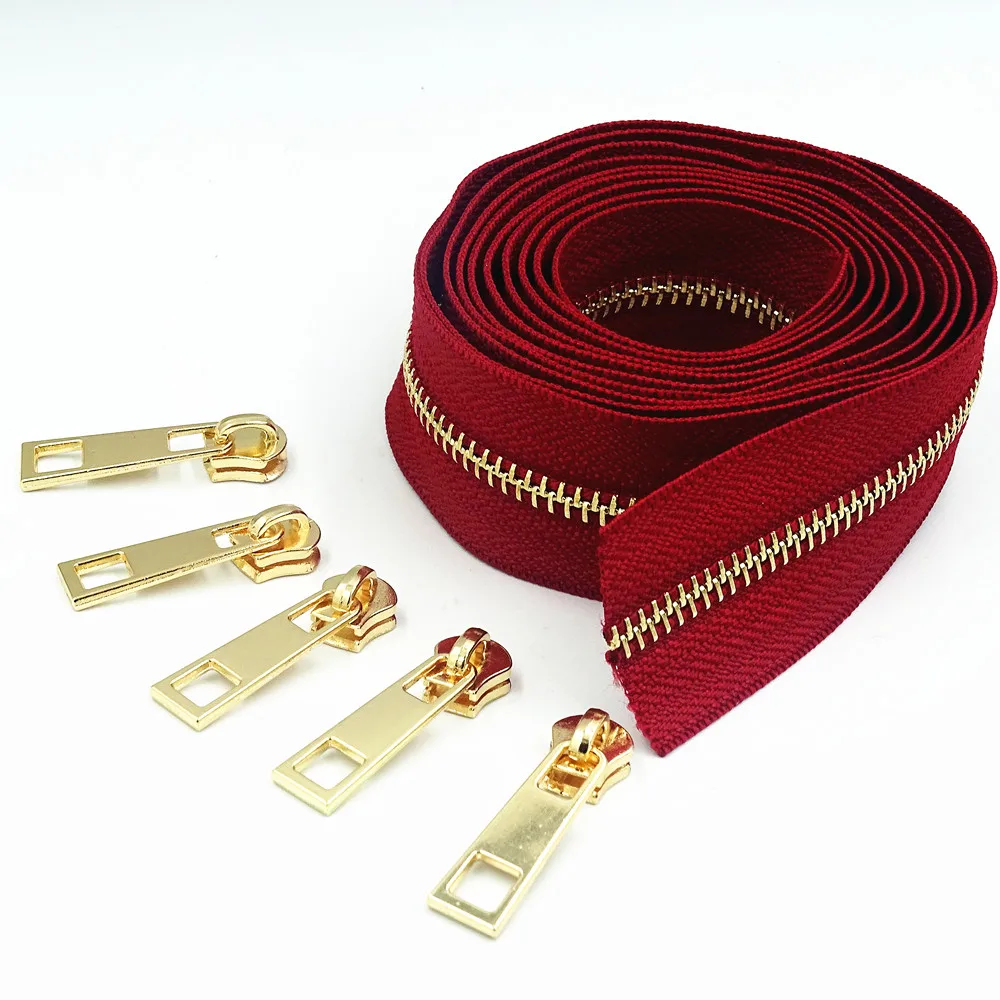 1 Meters long and 2 zipper pullers 5# brass metal zipper used for high-end handbags and purses