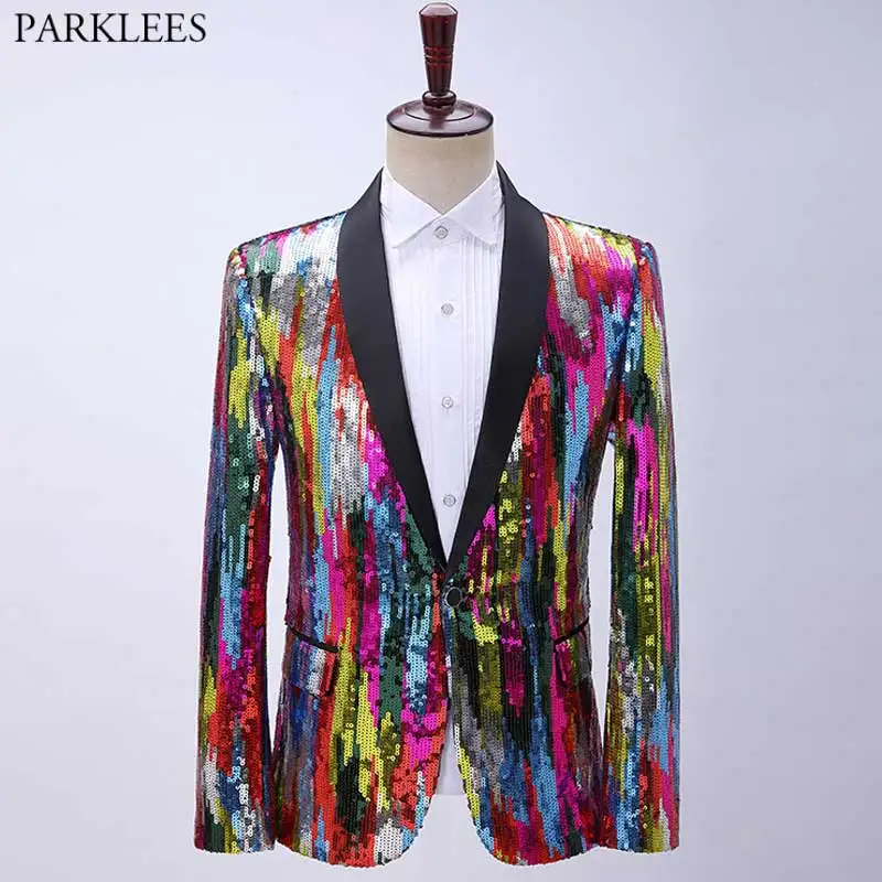 Shiny Rainbow Sequin Shawl Collar Suit Jacket Men Bling Glitter Nightclub Prom Blazer Jacket Male Stage Clothes for Singers 2XL