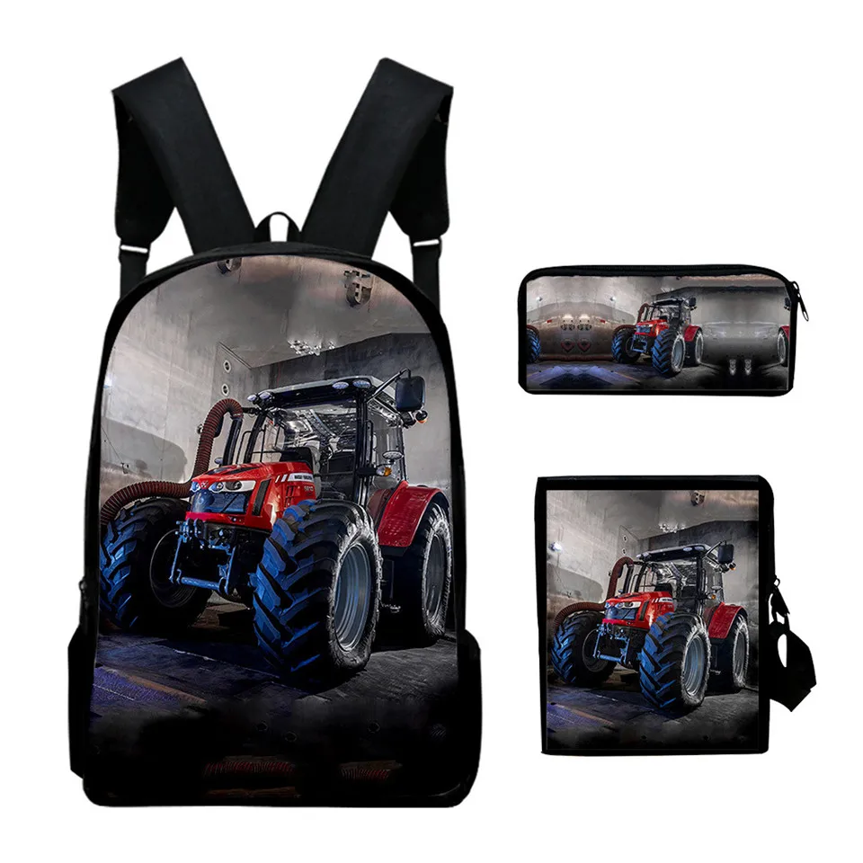 Mochila con estampado 3D de Tractor para estudiantes, para ordenador portátil de Anime morral, bolsa de almuerzo, estuche para lápices, novedad, Juego de 3 unidades