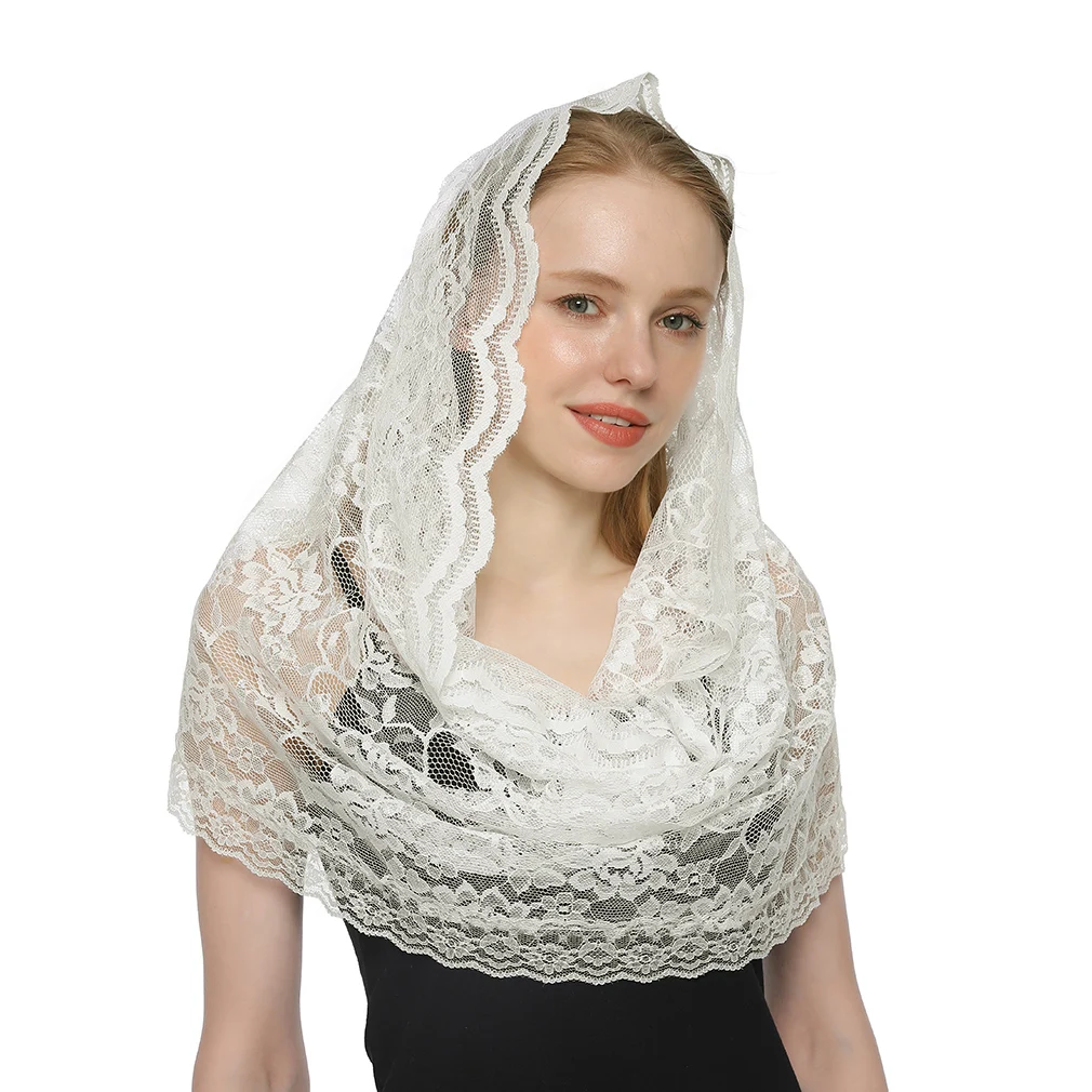 Embroidered Scarf for Church Round Veil Polyester Shawl in Church Spanish Mantilla Lace Floral Solid Color Women Prayer Shawls