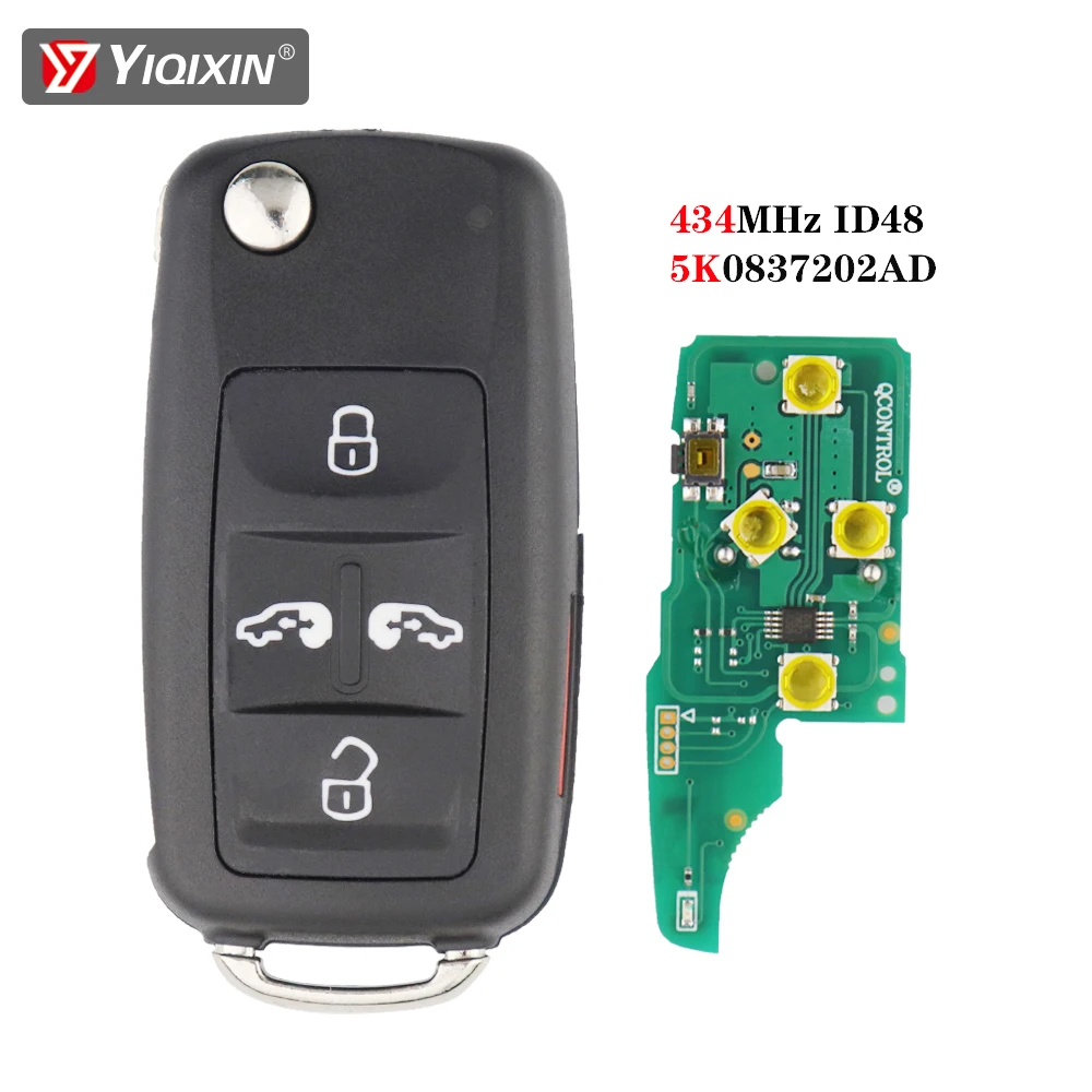 

YIQIXIN 5 Buttons Flip Remote Car Key Control ASK 434MHz ID48 Chip For VW Volkswagen Sharan Multivan T5 Caravelle 5K0837202AD