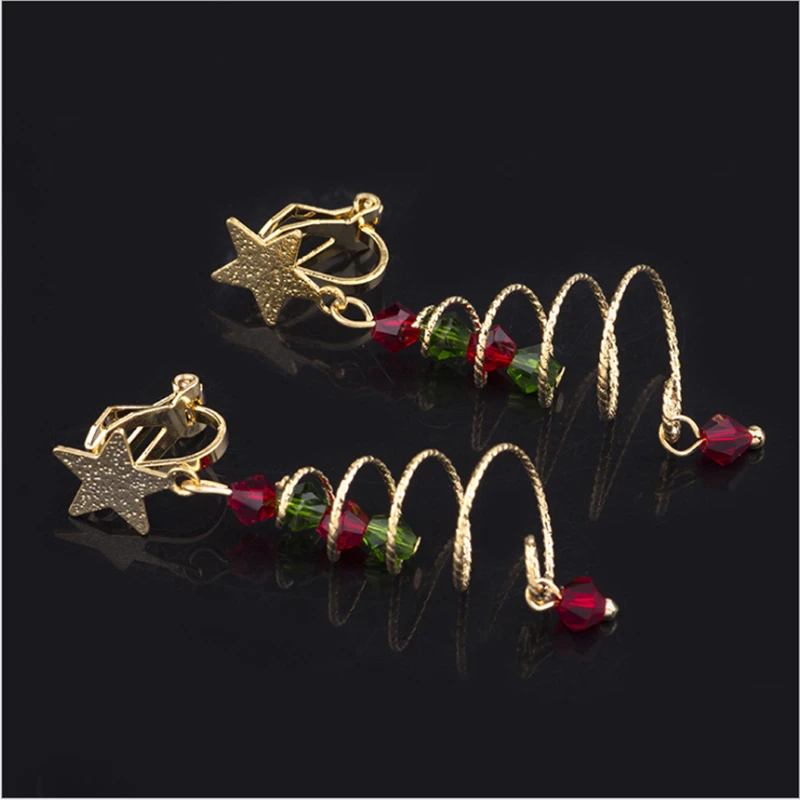 ER007 Koreaanse Kerstcadeau Kerstboom Spiraal Meisje Oorbel Vijfpuntige Ster Crystal Fashion Vrouwen Stud Clip Op Oorbel