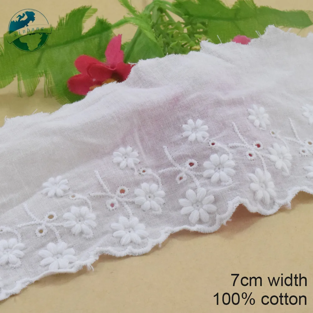 7cm Width Cotton Embroidey White Lace Sewing Ribbon Guipure African Lace Fabric Trim Wedding DIY Garment Accessories#4255