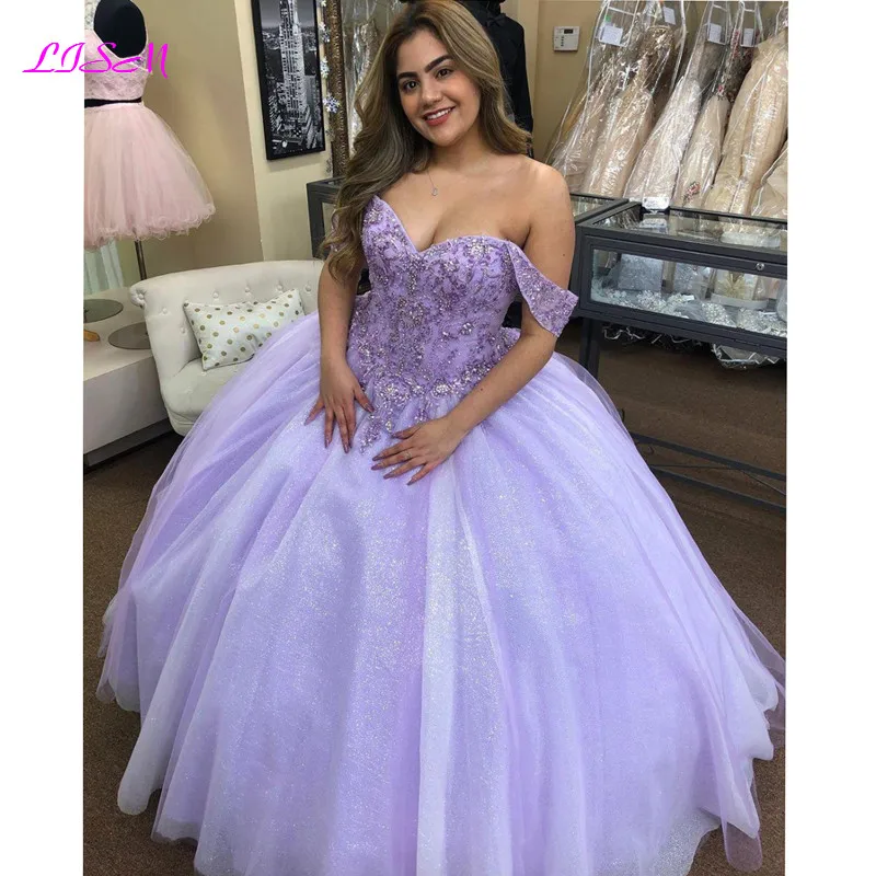 Lilac Lace Beaded Quinceanera Dresses Ball Gown Off the Shoulder Sexy Party Sweet 16 Dress Long Prom Gowns