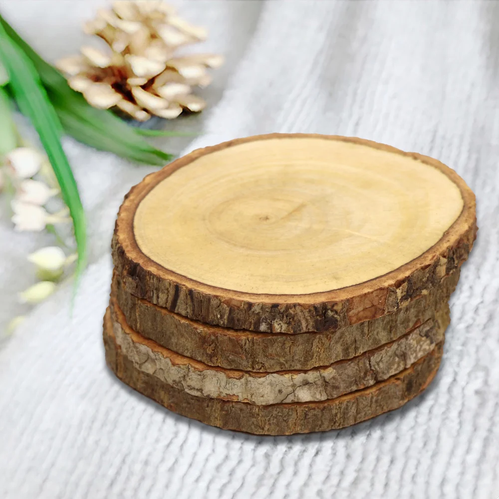 Jaswehome 4pcs Natural Wood Round Coasters Set Wooden Coasters With Bark Table Mat Coffee Tea Mug Drinks Holder Cup Mat