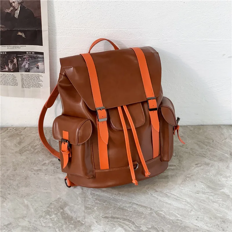 Orange Leather Outdoor Bag for Men Large Capacity 19.6\'\' Laptop Backpack School Male Female Retro Designer Bag Travle Mochila