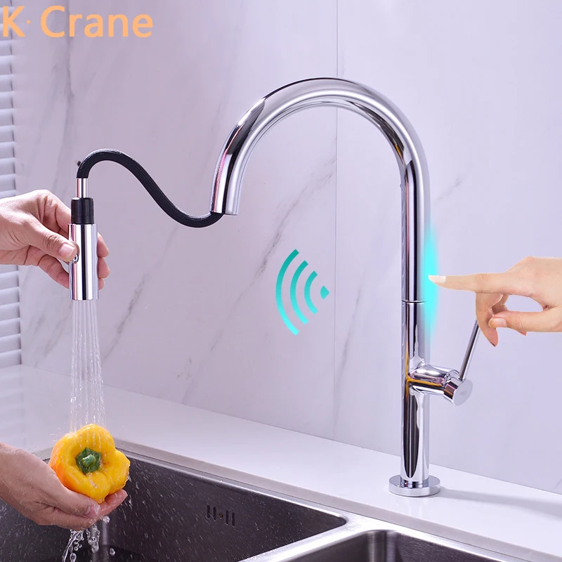 

Touch Sensor Kitchen Crane Pull Out Sink Smart Faucets Hot Cold Water Mixer Taps 360 Degree Rotation Brass Faucet Modern Luxury