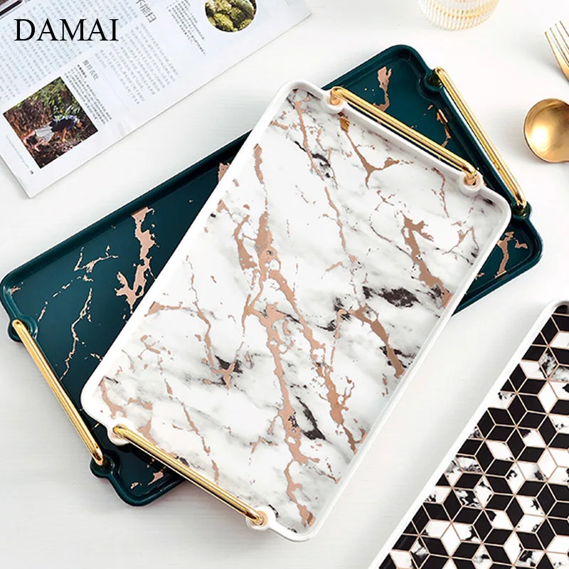 

Marble Texture Trays Decorative Gold Inlay Handle Ceramic Teacup Coffee Cup Storage Tray Coffee Table Desktop Organizer Plates