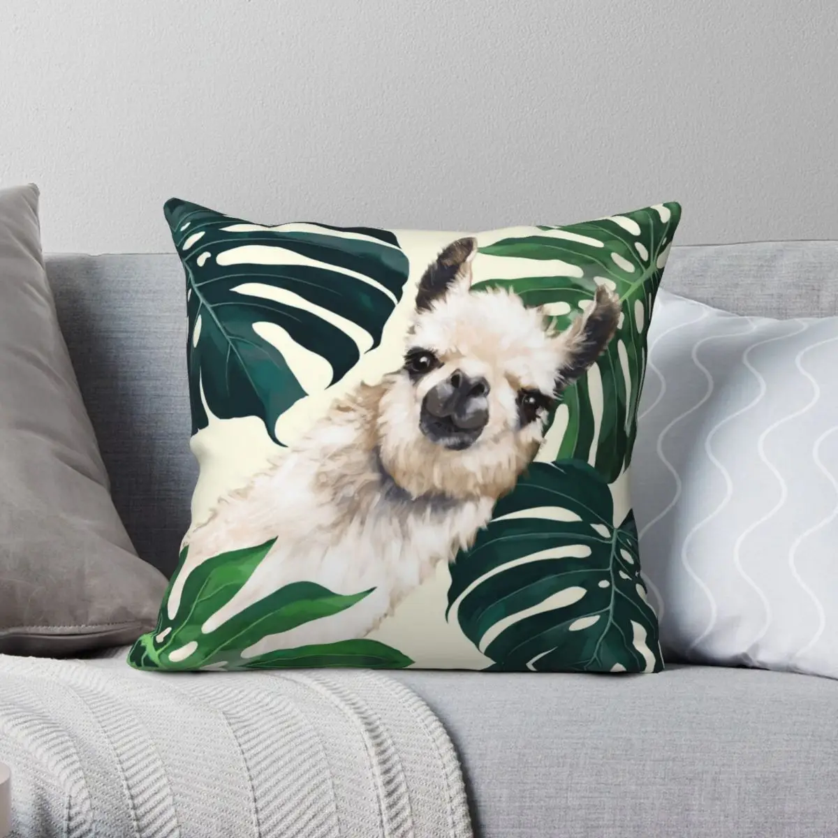 Sneaky Llama In Tropical Monstera Square Pillowcase Polyester Linen Velvet Zip Decor Pillow Case Sofa Seater Cushion Case