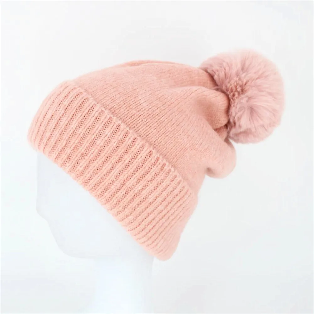 Faux Fur Pompom Beanie for Women 2020 New Knit Pink Winter Hat Girls White Cashmere Slouchy Beanie