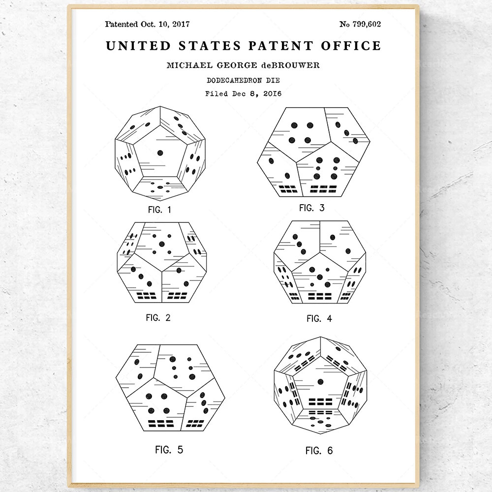 Dice patent art prints, dodecahedron mold posters dice wall art, game room decoration