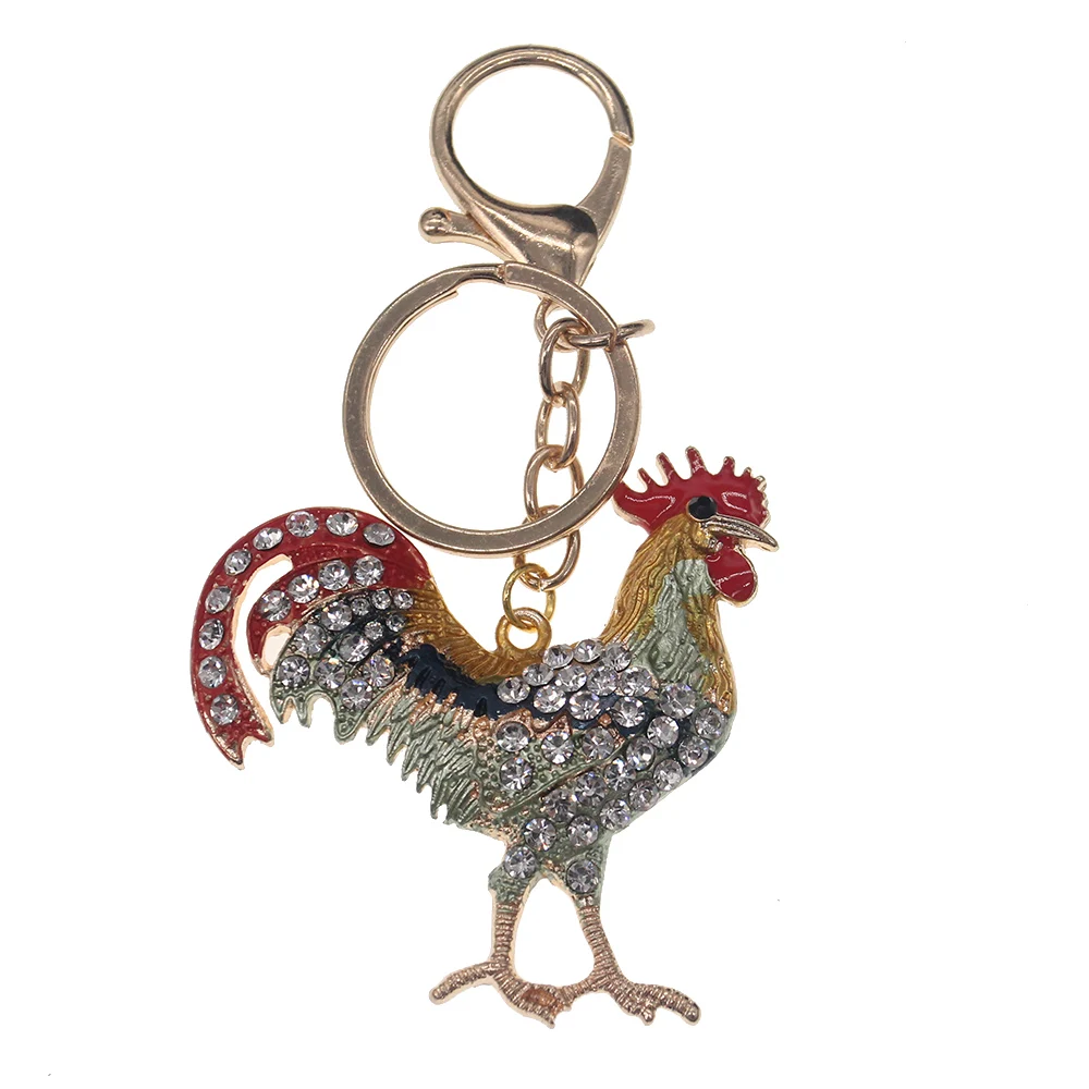 Luxury Rhinestone Crystal Rooster Keychain Enamel Animal Cock Pendant Keychain For Men