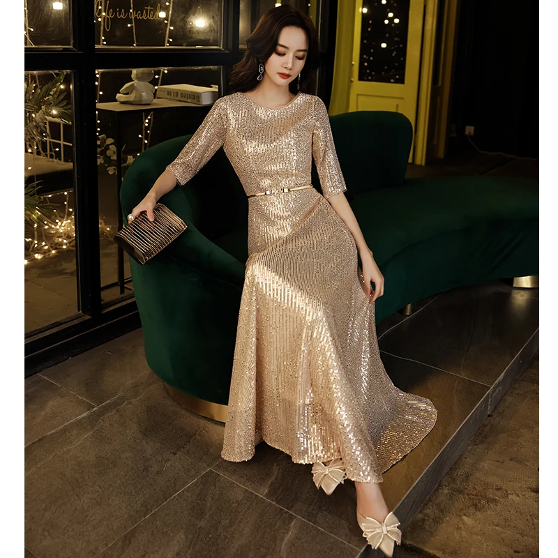 Customized New Evening Dress A-line Floor Length Robe De Soiree Half Sleeve Women Party Dresses V-neck Sequin Evening Gown