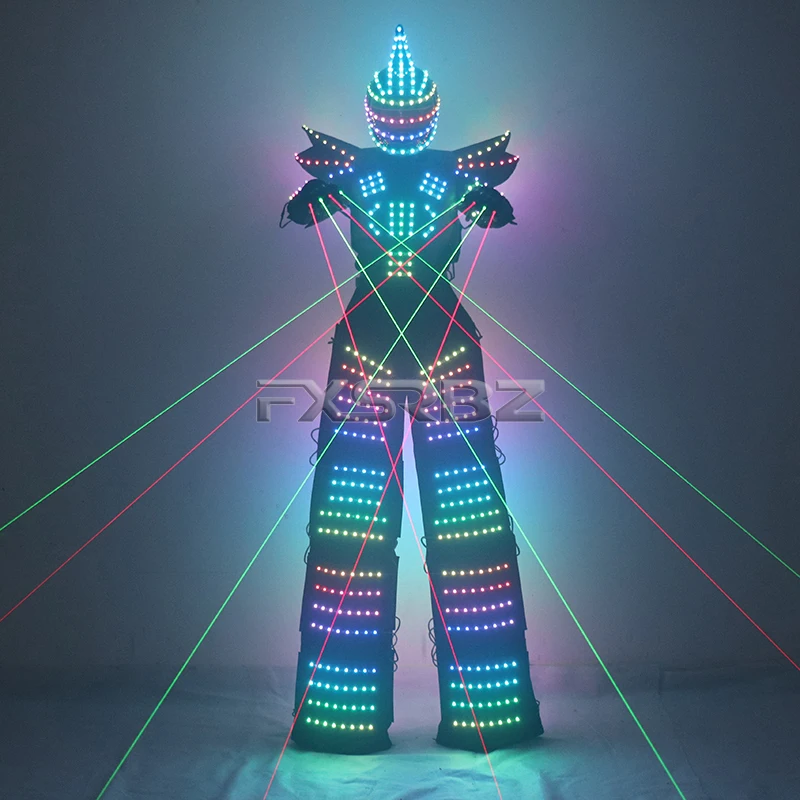 Full Color Pixel LED Robot Costume Clothes Light Up Stilts Walker Clothing Helmet Laser Gloves LED Luminous Jacket Suit