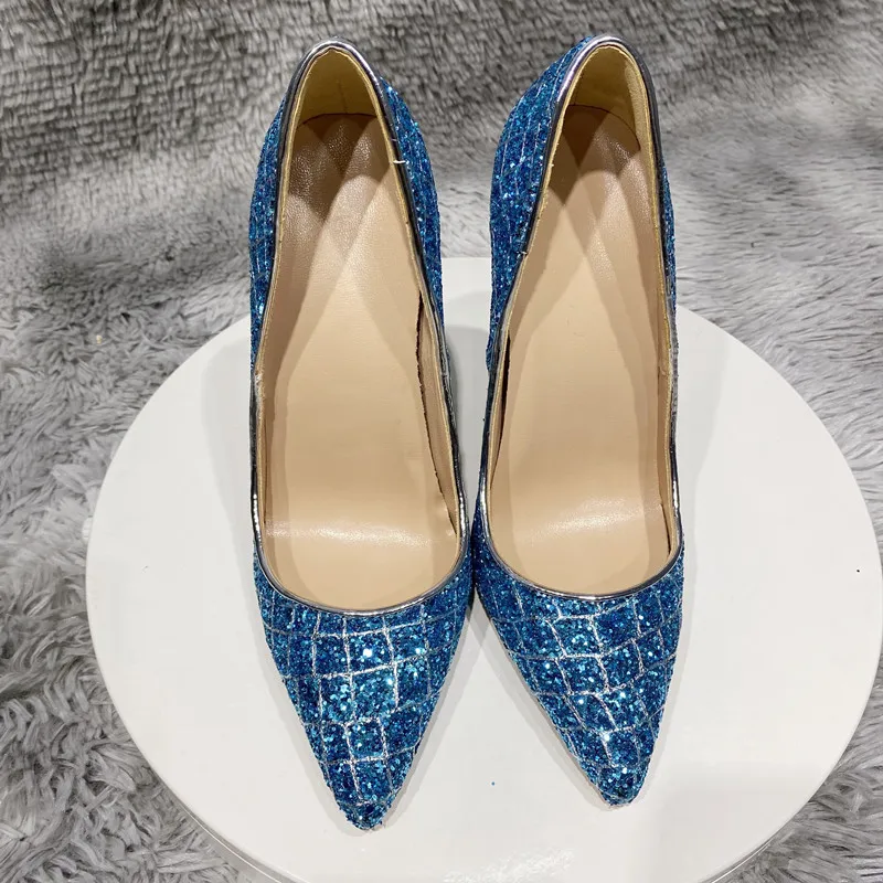 12cm women's very high heel shoes, Sexy shoes with bright blue sequins, pointed toe, Stiletto, elegant,