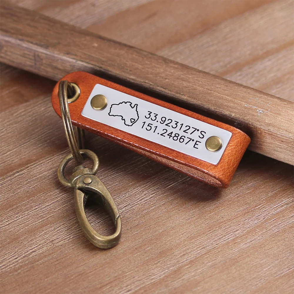 Leather Personalize Keychain, GPS Coordinates Keyring, Custom Gift For Boyfriend
