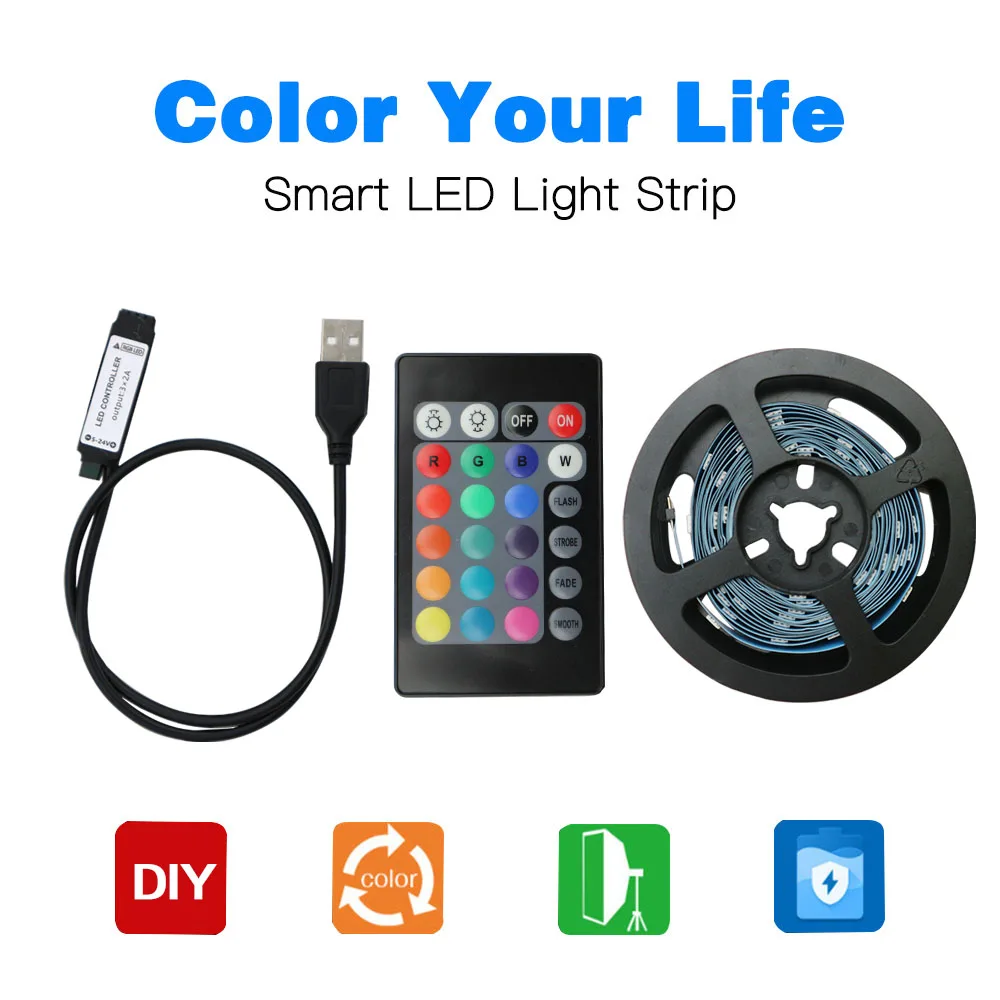 RGB Led Light Strip 5V USB Lamp 1M 2M 3M 4M 5M Flexible Tape with 24key Remote for Cabinet Display TV Backlight Night Lamp