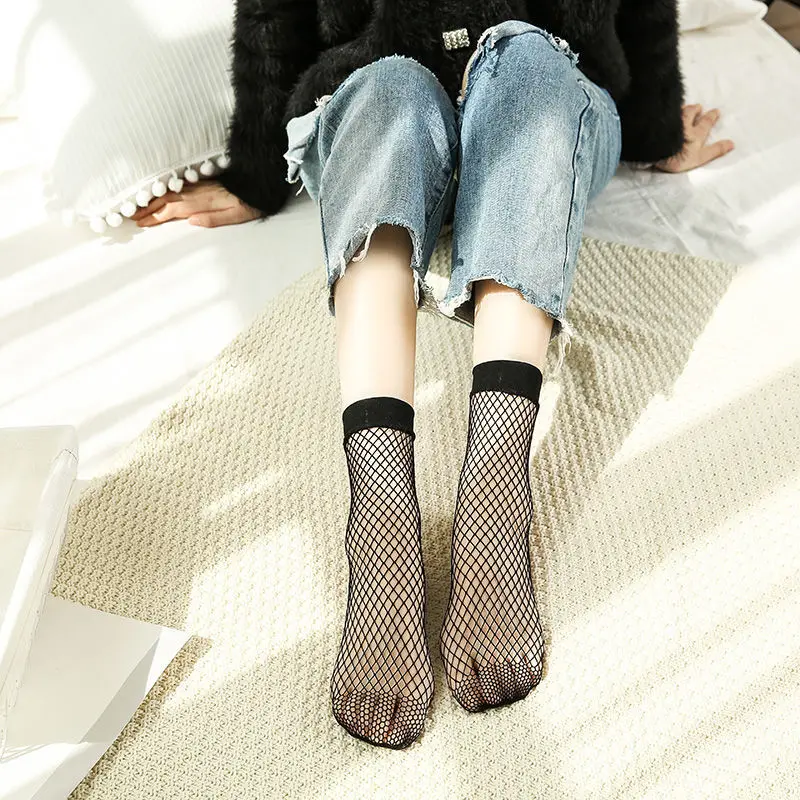 

1 пара женских ажурных носков для девочек, летние сексуальные черные тонкие сетчатые кружевные короткие носки в сетку, женские модные нейлоновые носки