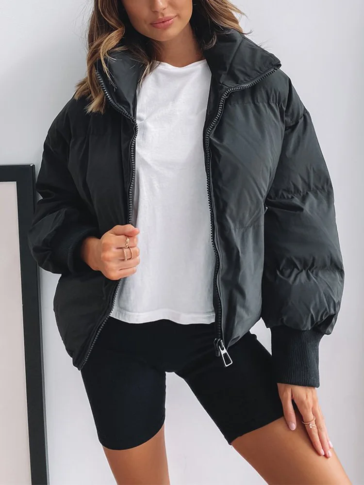 Winter Clothes Women Jackets 2022 Streetwear High Neck Black Cropped Puffer Jacket Zipper Casual Warm Padded Quilted Jacket