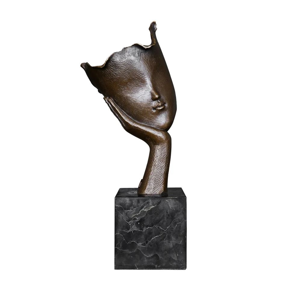 Bronze Thinking Man Statue People Face in Hand Modern Abstract Sculpture High-grade Home Decoration Gifts 35cm