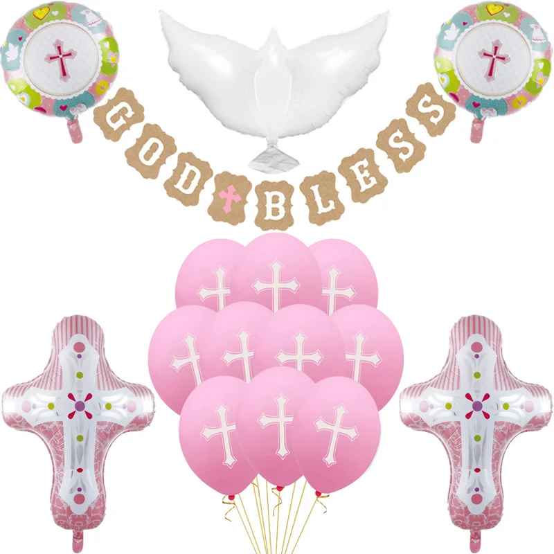 God Bless Balloons Banner Jesus Cross Ballons Baby Shower Boy Girl First Holy Communion Party Easter Baptism Forked Christening