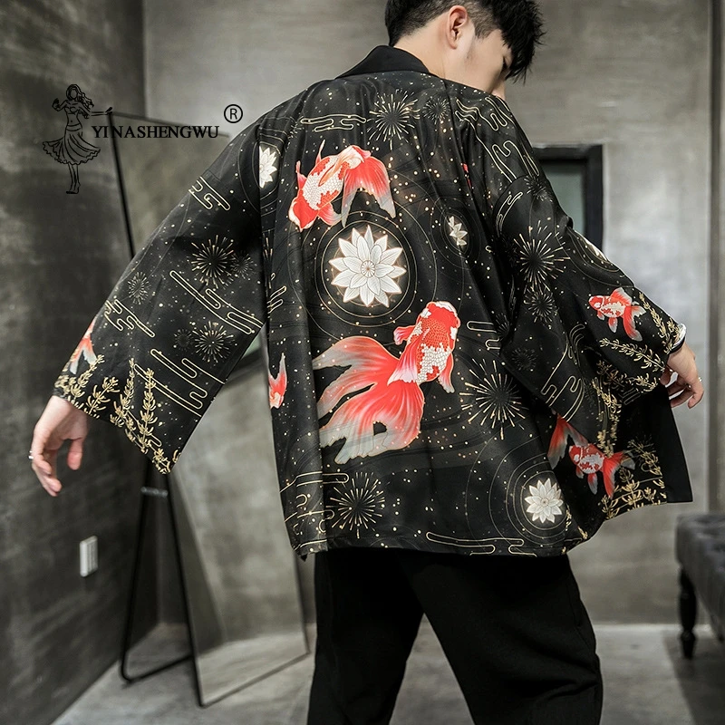 Yukata Kimono Cardigan Men Japanese Kimono Men Print Asia Kimono Cosplay Costume Top Beach Thin Casual Coat Sun Protection Shirt