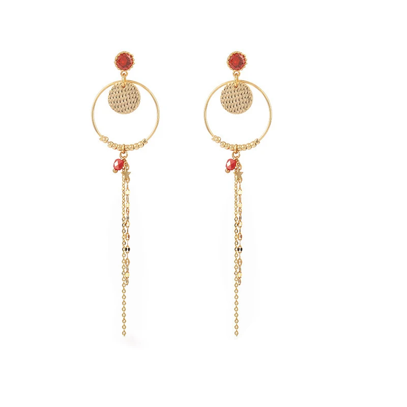 European Exquisite Jewelry Women's Charm Red Zircon Silver Needle Non Allergic Classic Shiny Texture Long Chain Tassel Earrings