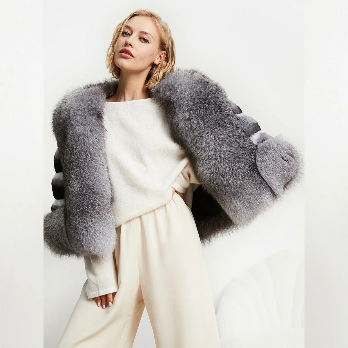 Winter Elegante Frauen Echt Chinchilla Rex Kaninchen Fell Bankett Schal Warme Dicke Cape Mit Natürlichen Fuchs Pelz Frauen Winter Mäntel