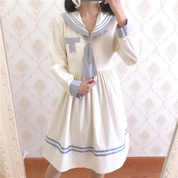 Japanese fresh navy collar long sleeve JK uniform style doll dress college style cute sweet high waist victorian dress cosplay