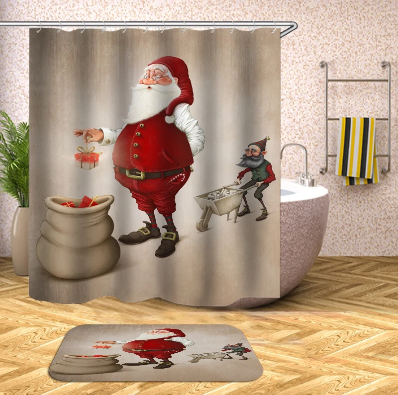 Merry Christmas Decor For Home Santa Claus Shower Curtain Sleepy Snowman Pattern Waterproof Bathroom Shower Bath Curtain