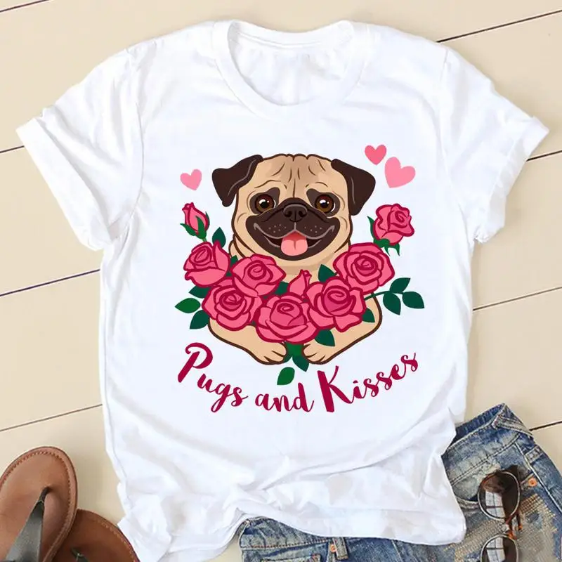 Women T-shirts 90s Love Pug Dog Ladies Fashion Clothing Short Sleeve Cartoon Clothes Spring Summer Female Tee Graphic Tshirt